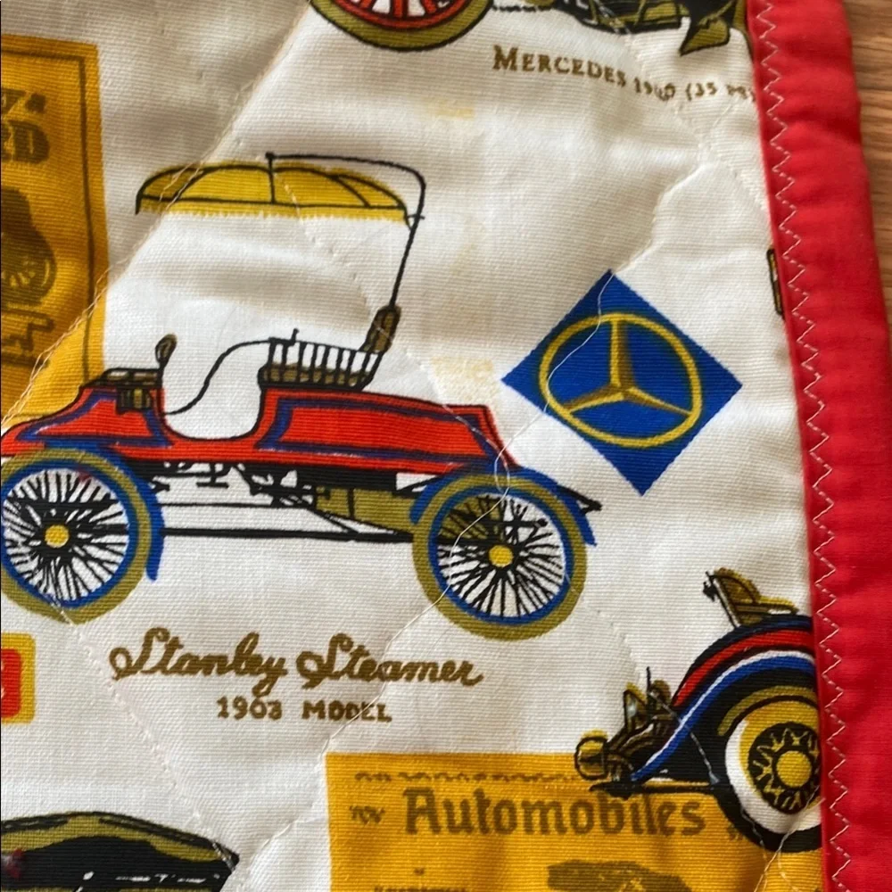 Vintage Car Print Quilt with Red and Black Border Cottagecore Retro Prairie